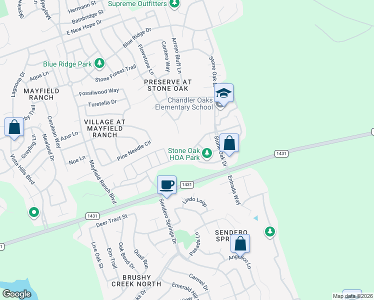 map of restaurants, bars, coffee shops, grocery stores, and more near 3739 Top Rock Lane in Round Rock