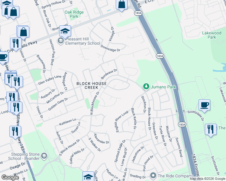 map of restaurants, bars, coffee shops, grocery stores, and more near 1253 Pine Portage Loop in Leander