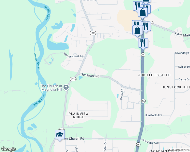 map of restaurants, bars, coffee shops, grocery stores, and more near 7441 Hunstock Road in Denham Springs