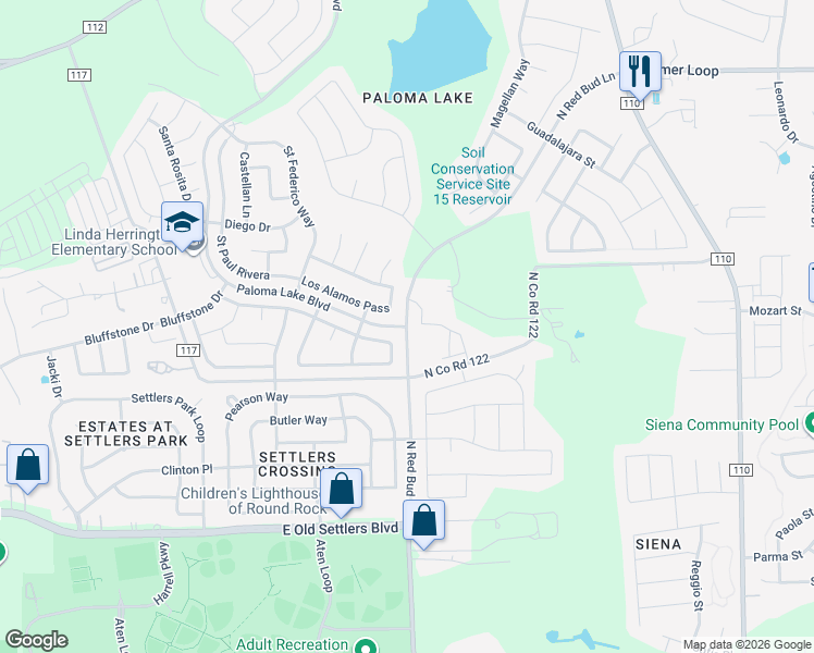 map of restaurants, bars, coffee shops, grocery stores, and more near 1407 North Co Road 122 in Round Rock