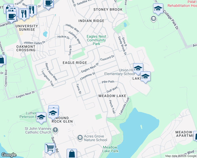 map of restaurants, bars, coffee shops, grocery stores, and more near 3601 Walleye Way in Round Rock
