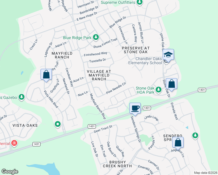 map of restaurants, bars, coffee shops, grocery stores, and more near 3509 Shellcastle Lane in Round Rock