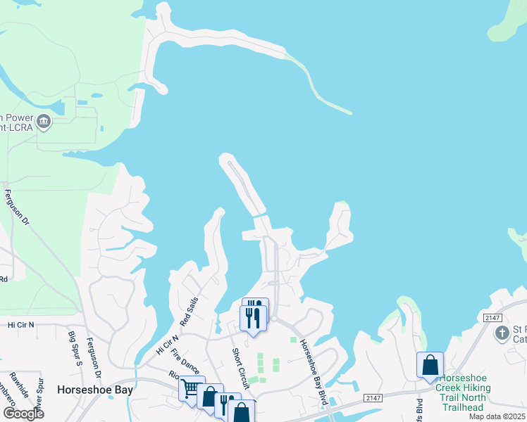 map of restaurants, bars, coffee shops, grocery stores, and more near 1101 The Cape in Horseshoe Bay