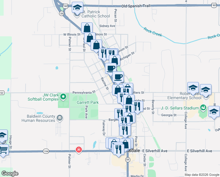 map of restaurants, bars, coffee shops, grocery stores, and more near 22510 Racine Street in Robertsdale