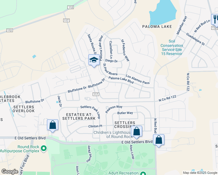map of restaurants, bars, coffee shops, grocery stores, and more near 2725 Santa Domingo Drive in Round Rock