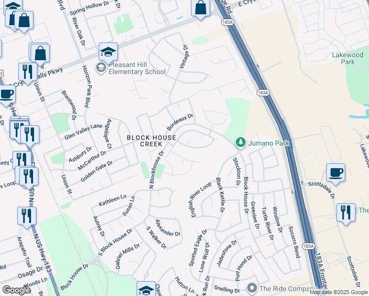 map of restaurants, bars, coffee shops, grocery stores, and more near 1253 Pine Portage Loop in Leander