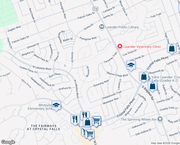 map of restaurants, bars, coffee shops, grocery stores, and more near 1500 Bovina Drive in Leander