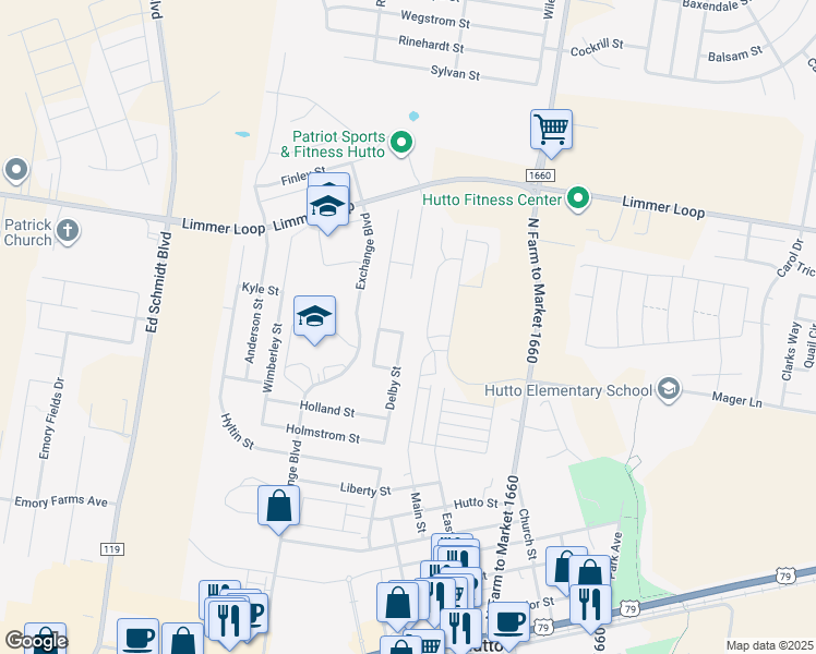 map of restaurants, bars, coffee shops, grocery stores, and more near 316 Delby Street in Hutto