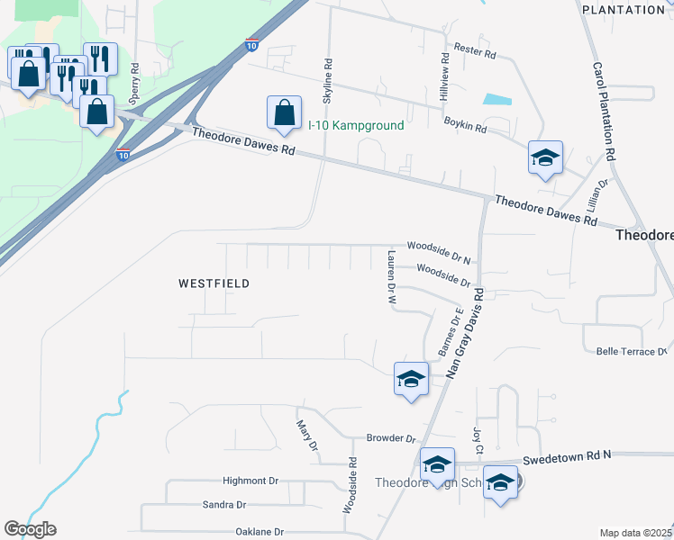 map of restaurants, bars, coffee shops, grocery stores, and more near 6621 Murphy Mcmillian Court in Theodore
