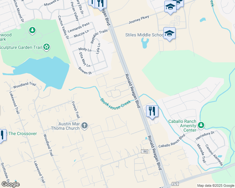 map of restaurants, bars, coffee shops, grocery stores, and more near 14801 Ronald Reagan Boulevard in Leander