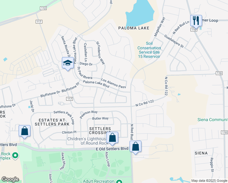 map of restaurants, bars, coffee shops, grocery stores, and more near 2608 Santa Barbara Loop in Round Rock
