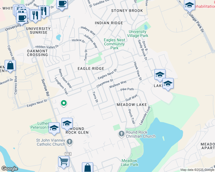 map of restaurants, bars, coffee shops, grocery stores, and more near 3512 Walleye Way in Round Rock