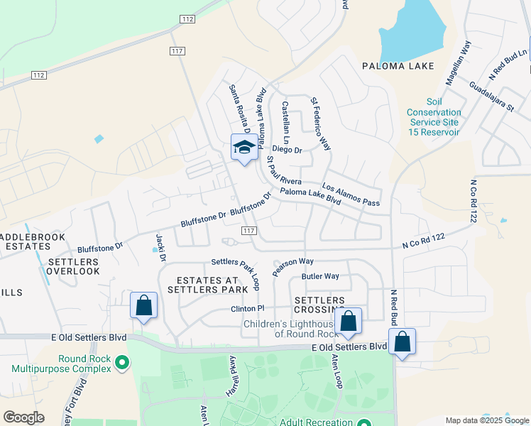 map of restaurants, bars, coffee shops, grocery stores, and more near 2725 Santa Domingo Drive in Round Rock