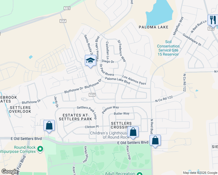 map of restaurants, bars, coffee shops, grocery stores, and more near 2008 Santa barbara Court in Round Rock