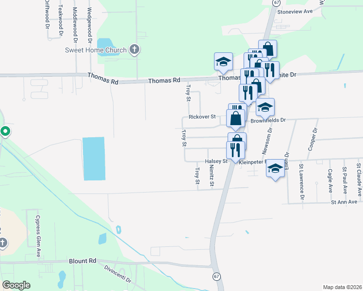 map of restaurants, bars, coffee shops, grocery stores, and more near 11825 Troy Street in Baton Rouge