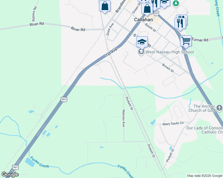 map of restaurants, bars, coffee shops, grocery stores, and more near 44195 Flynn Road in Callahan