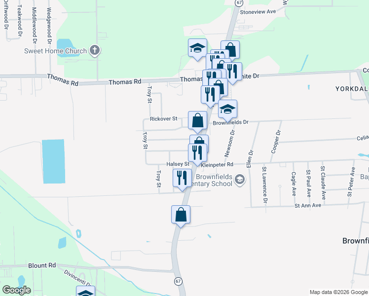 map of restaurants, bars, coffee shops, grocery stores, and more near 11881 Plank Road in Brownfields