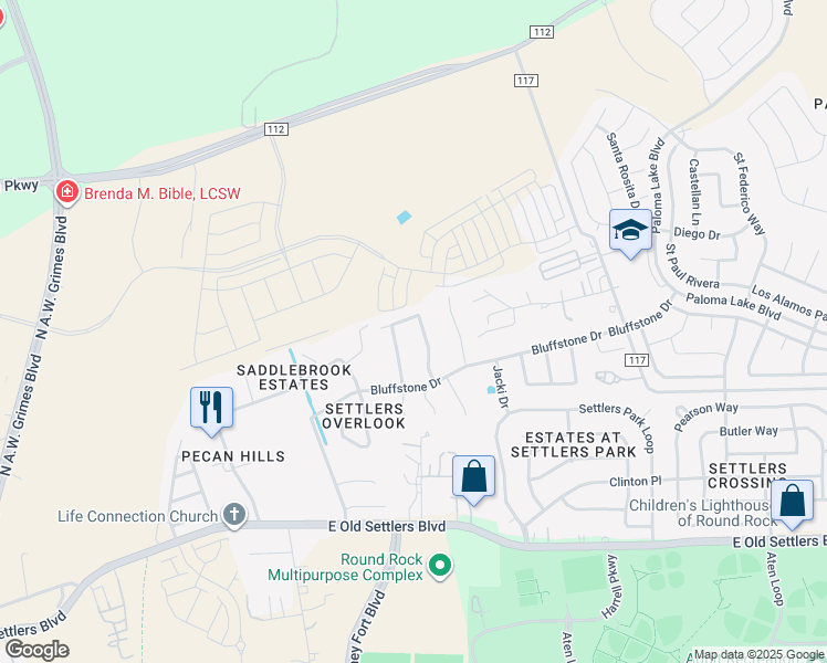 map of restaurants, bars, coffee shops, grocery stores, and more near 2611 Haselwood Ln in Round Rock