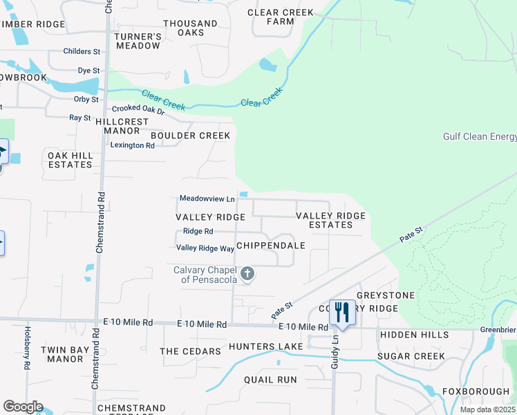 map of restaurants, bars, coffee shops, grocery stores, and more near 877 Valley Ridge Circle in Pensacola