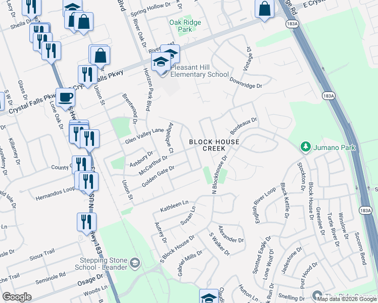 map of restaurants, bars, coffee shops, grocery stores, and more near 2103 Fall Creek Drive in Leander