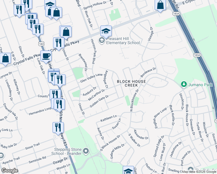 map of restaurants, bars, coffee shops, grocery stores, and more near 2018 Angelique Court in Leander