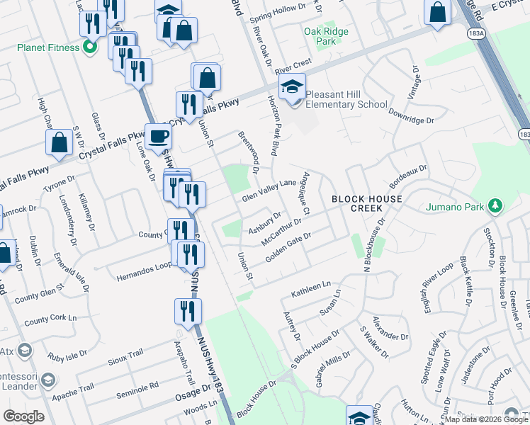 map of restaurants, bars, coffee shops, grocery stores, and more near 400 Fairfield Loop in Leander