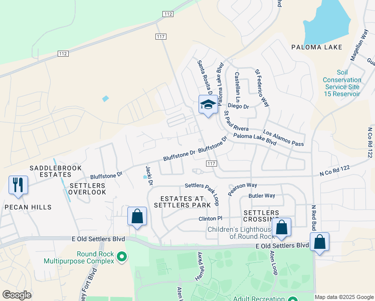 map of restaurants, bars, coffee shops, grocery stores, and more near 2836 Bluffstone Drive in Round Rock