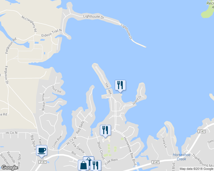 map of restaurants, bars, coffee shops, grocery stores, and more near The Cape in Horseshoe Bay