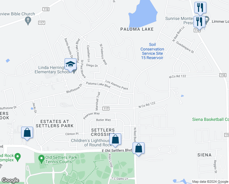 map of restaurants, bars, coffee shops, grocery stores, and more near 2616 Santa Barbara Loop in Round Rock