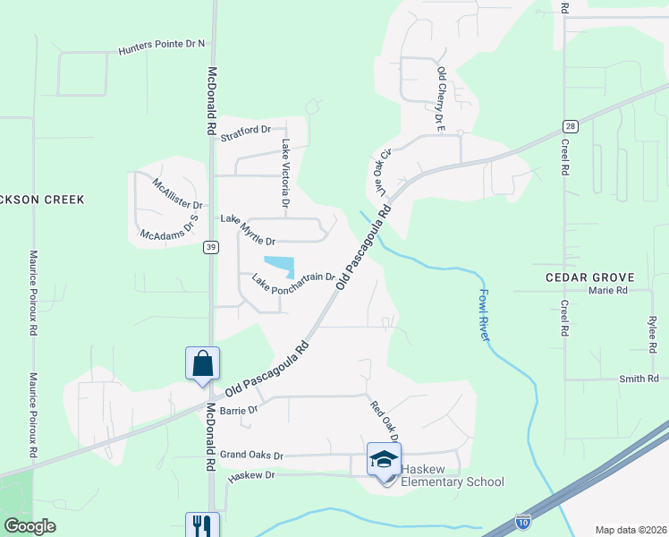 map of restaurants, bars, coffee shops, grocery stores, and more near 8232 Old Pascagoula Road in Theodore