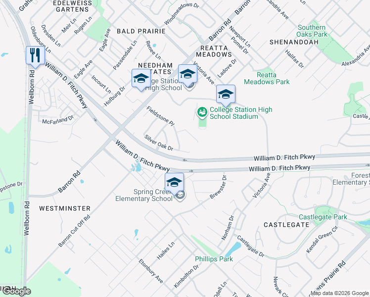 map of restaurants, bars, coffee shops, grocery stores, and more near 2901 Silver Oak Drive in College Station
