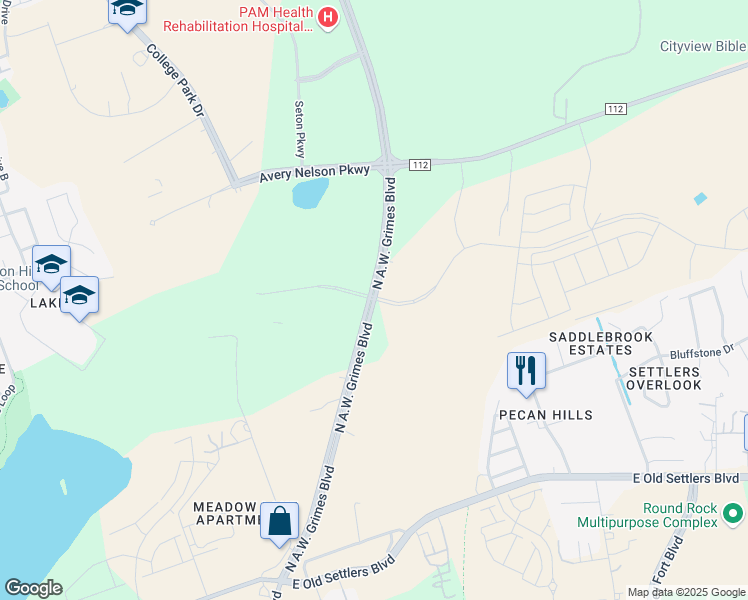 map of restaurants, bars, coffee shops, grocery stores, and more near 3517 North A.W. Grimes Boulevard in Round Rock