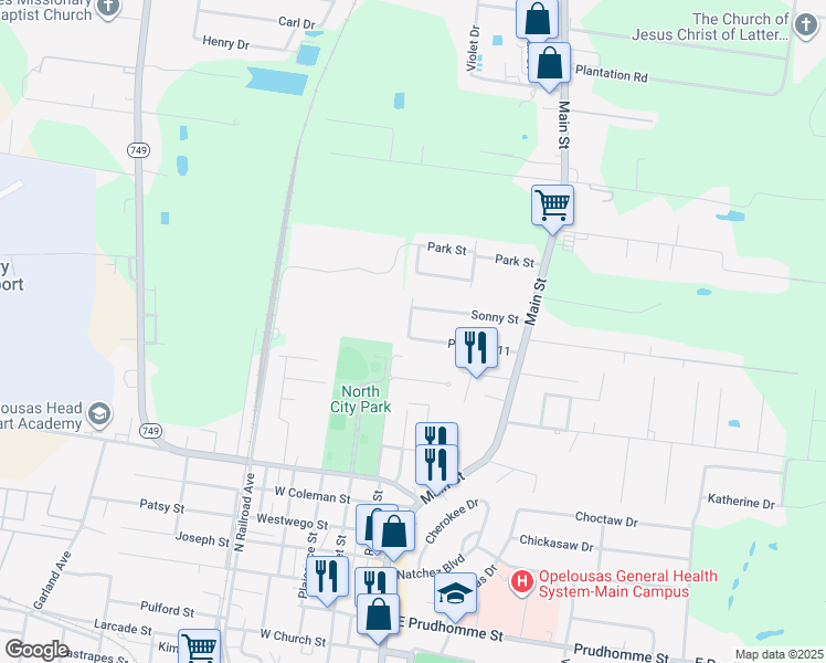 map of restaurants, bars, coffee shops, grocery stores, and more near 123 Magnolia Street in Opelousas