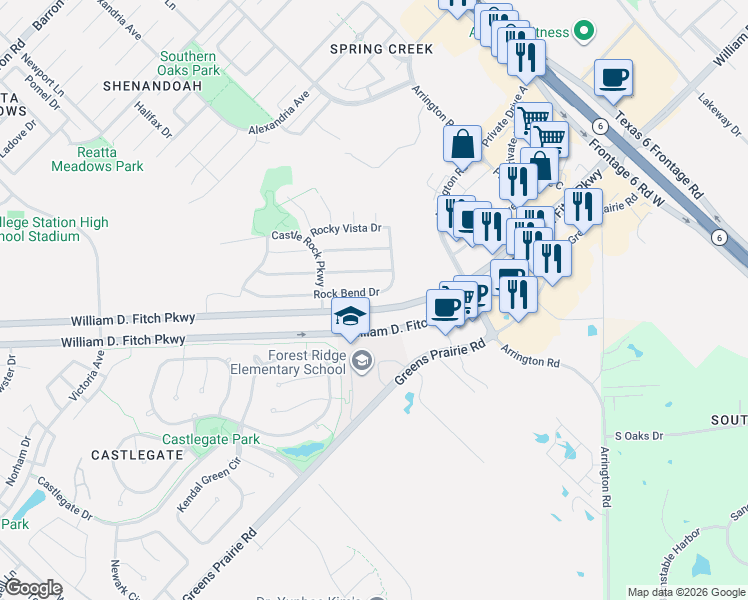 map of restaurants, bars, coffee shops, grocery stores, and more near 4278 Rock Bend Drive in College Station