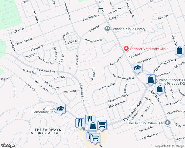 map of restaurants, bars, coffee shops, grocery stores, and more near 1500 Bovina Drive in Leander
