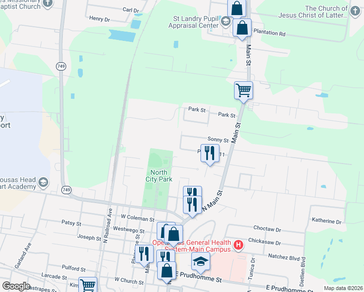 map of restaurants, bars, coffee shops, grocery stores, and more near 203 Magnolia Street in Opelousas