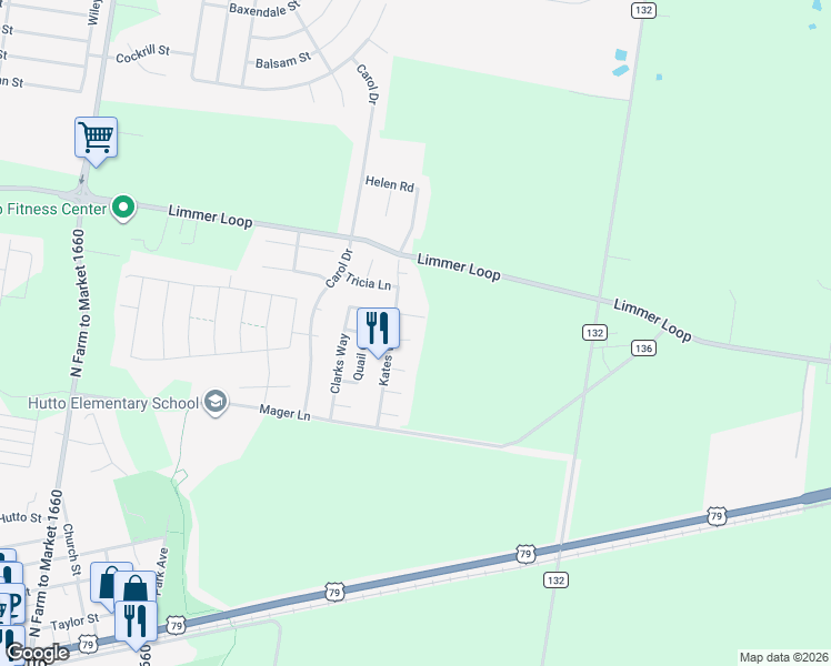 map of restaurants, bars, coffee shops, grocery stores, and more near 407 Canadian Cove in Hutto