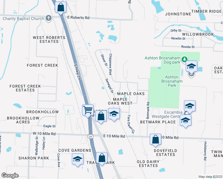 map of restaurants, bars, coffee shops, grocery stores, and more near 10500 Senegal Drive in Pensacola