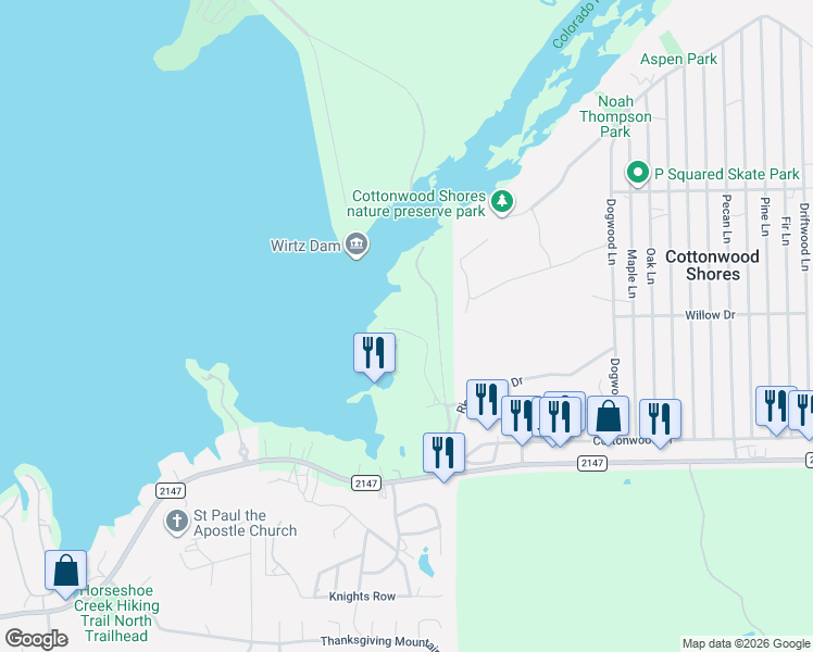 map of restaurants, bars, coffee shops, grocery stores, and more near 200 South Wirtz Dam Road in Marble Falls