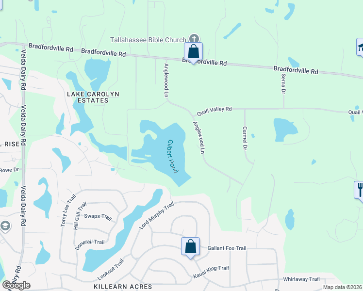 map of restaurants, bars, coffee shops, grocery stores, and more near 7214 Anglewood Lane in Tallahassee