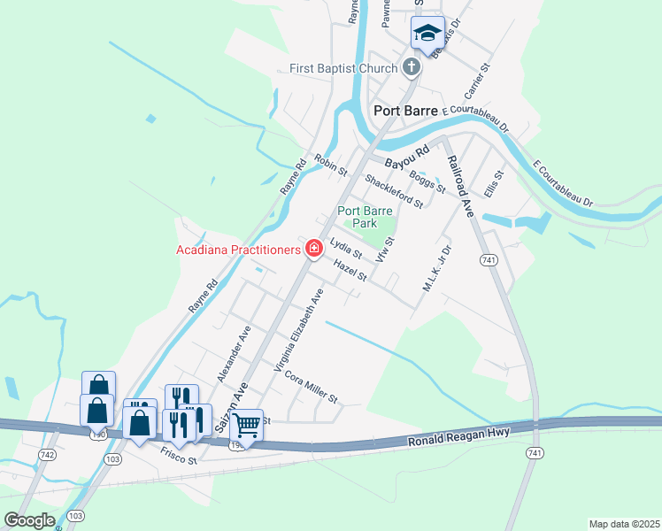 map of restaurants, bars, coffee shops, grocery stores, and more near 130 Hazel Street in Port Barre