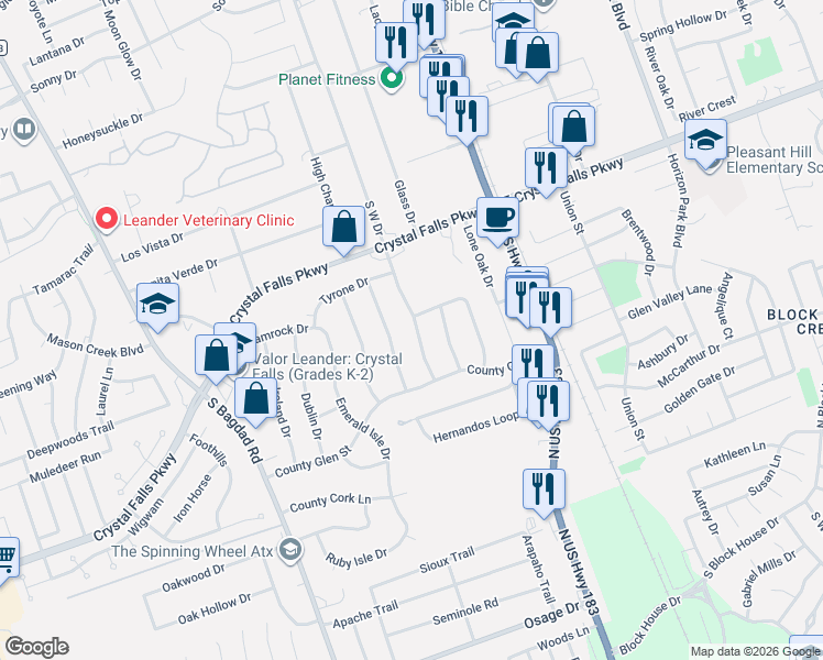 map of restaurants, bars, coffee shops, grocery stores, and more near 1903 South West Drive in Leander