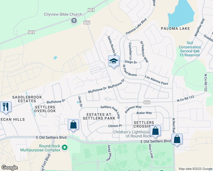 map of restaurants, bars, coffee shops, grocery stores, and more near 2836 Bluffstone Drive in Round Rock