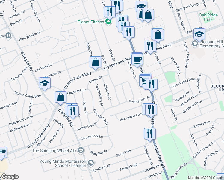 map of restaurants, bars, coffee shops, grocery stores, and more near 1902 Killarney Drive in Leander