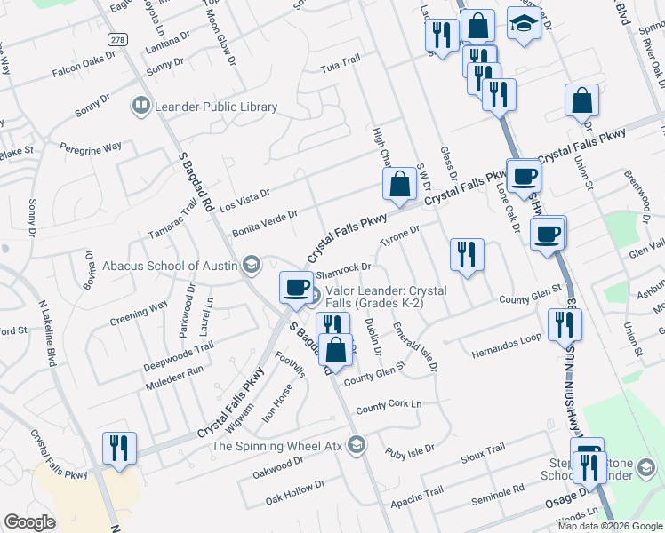 map of restaurants, bars, coffee shops, grocery stores, and more near 1700 Ireland Drive in Leander