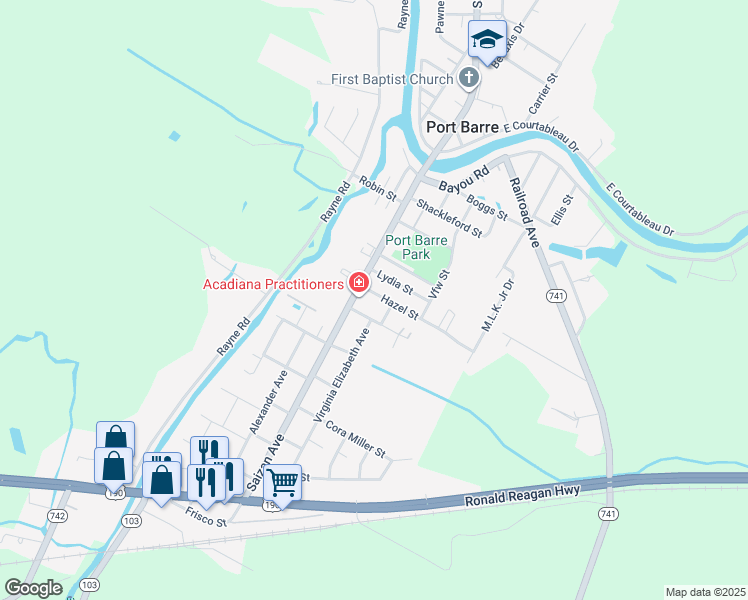 map of restaurants, bars, coffee shops, grocery stores, and more near 130 Hazel Street in Port Barre
