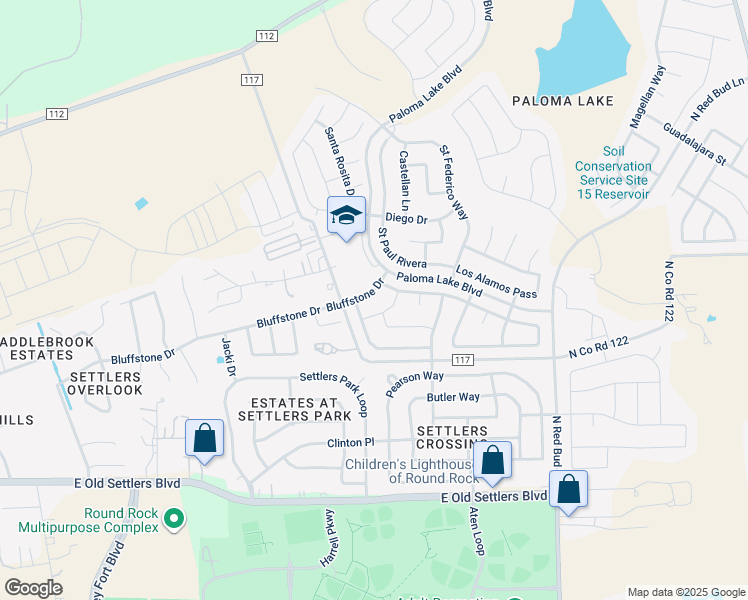 map of restaurants, bars, coffee shops, grocery stores, and more near 2923 Bluffstone Drive in Round Rock