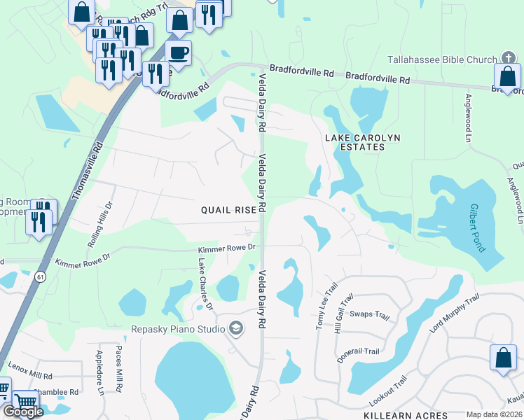 map of restaurants, bars, coffee shops, grocery stores, and more near 6107 Velda Dairy Rd in Tallahassee