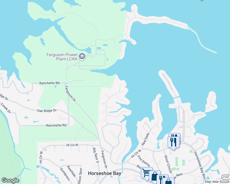map of restaurants, bars, coffee shops, grocery stores, and more near 1208 Broken Arrow in Horseshoe Bay