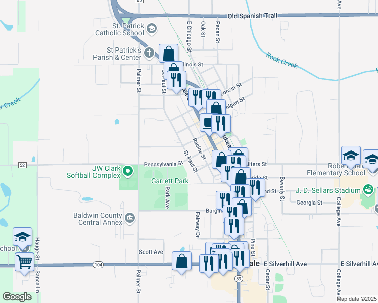 map of restaurants, bars, coffee shops, grocery stores, and more near 22550 Saint Paul Street in Robertsdale